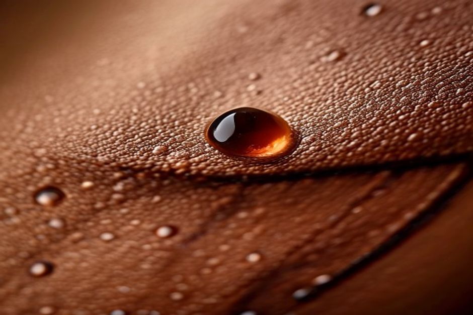 Water drop test for real vs fake leather belt — water absorbing into genuine leather surface
